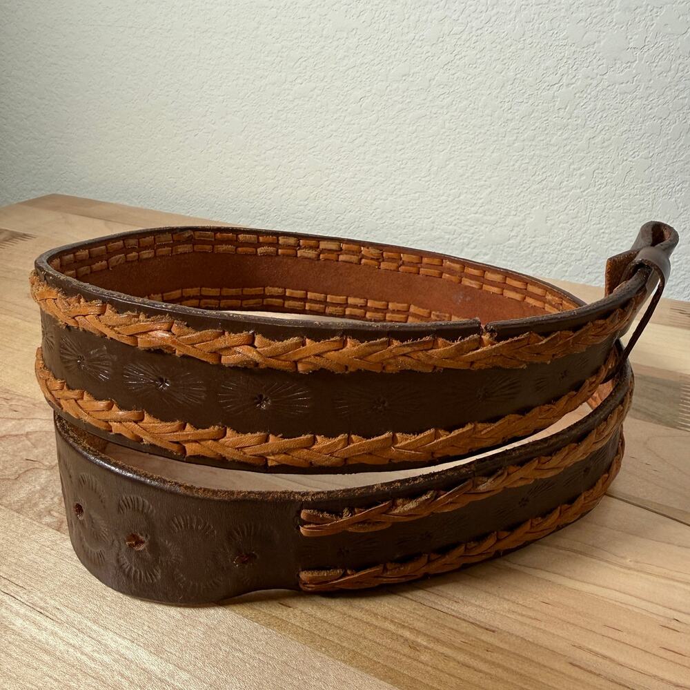 Vintage Brown Braided Leather Western Belt 40” Interchangeable Buckle Boho